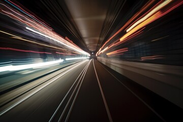 Fototapeta na wymiar Warp Speed lights. Traffic in the tunnel. Speed motion blur. Traffic lights in the night. Speed motion blur background.
