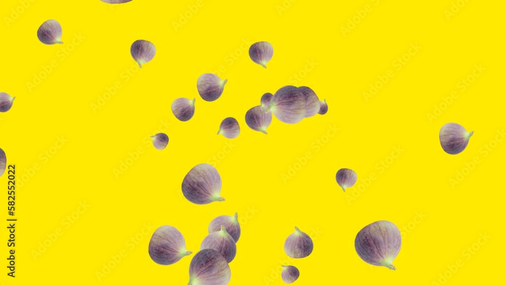 Poster abstract explosion with figs flying in different directions on a yellow background. simple colorful 