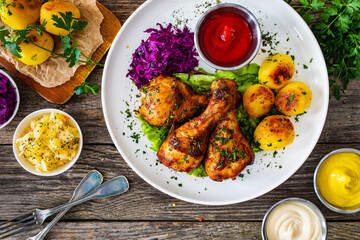 Barbecue chicken drumsticks with fried potatoes, lettuce and ketchup on wooden table
