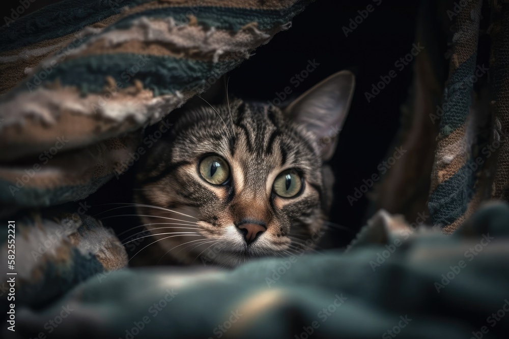 Poster adorable short haired cat playing hide and seek at home while being interested and snooping. generat