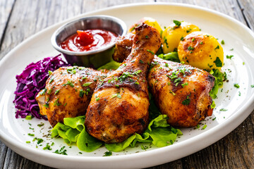 Barbecue chicken drumsticks with fried potatoes, lettuce and ketchup on wooden table
