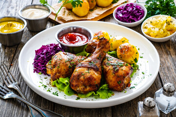 Barbecue chicken drumsticks with fried potatoes, lettuce and ketchup on wooden table
