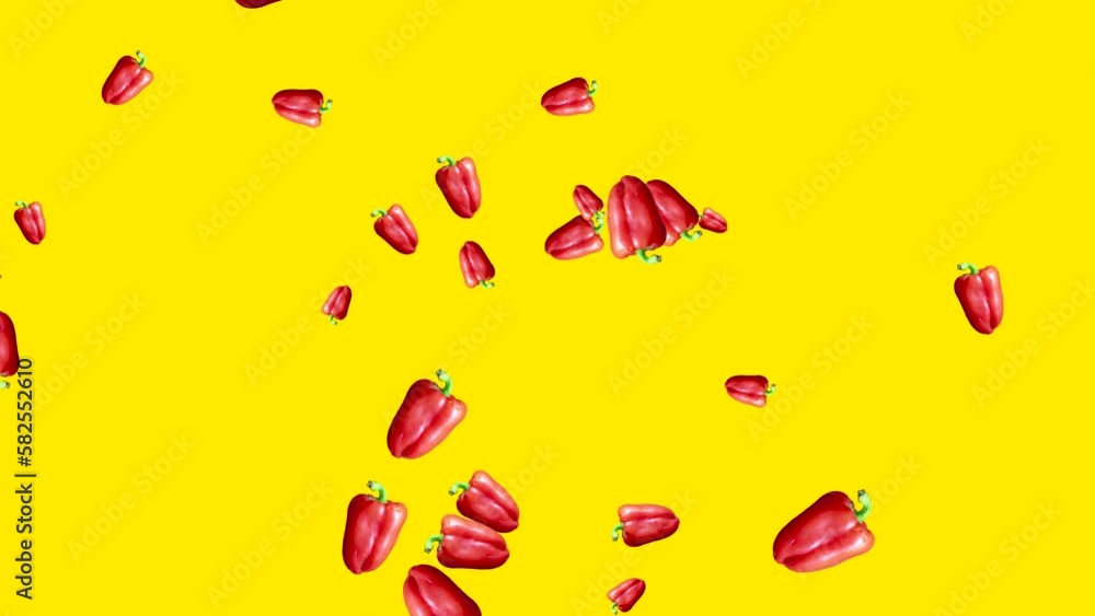 Poster abstract explosion with red pepper flying in different directions on a yellow background. simple col