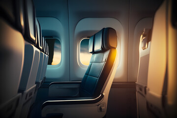 Seats interior in a passenger plane at the portholes in a jet. Generative AI
