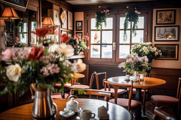 Fototapeta premium The charming little French cafe is adorned with delicate flowers, and the scent of freshly brewed espresso and flaky croissants fills the air, creating a tranquil ambiance - Generative AI