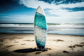  glassfiber surfboard on the beach ,generative artificial intelligence