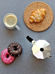 donuts and coffee flat lay