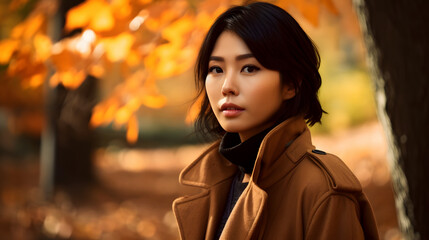 beautiful asian model wearing coat in autumn scenery