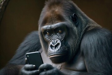 Obraz premium Gorilla monkey looking at smartphone. Generative AI