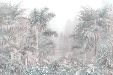 Tropical Trees and leaves wallpaper design for digital printing - 3D illustration
