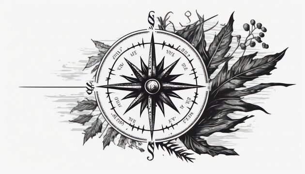Modern tattoo of compass in hand drawn style isolated on white background generative ai