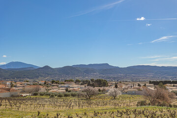 champs de vignes, avec en arrière-plan le village de Rasteau