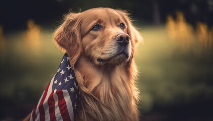 Happy golden retriever dog with American flag in beautiful nature background generative ai