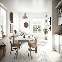  Home white room with natural wooden furniture ,generative artificial intelligence