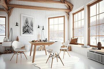 Fototapeta premium Home white room with natural wooden furniture ,generative artificial intelligence
