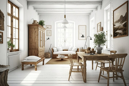  Home white room with natural wooden furniture ,generative artificial intelligence
