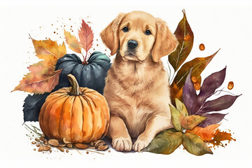Golden retriever lying with pumpkin and fall leaves watercolor, Generative AI