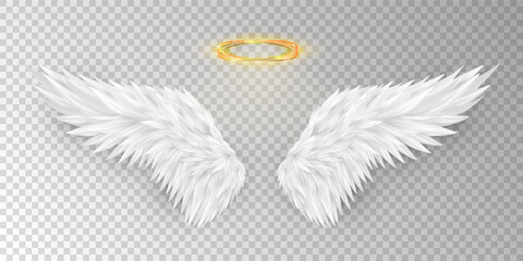 Three dimensional angel white wings and shiny nimbus. Masquerade, festival, carnival costume. Realistic saint aureole (halo) and wings isolated on transparent background. Vector illustrator EPS 10