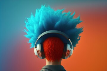 a girl with colored hair in headphones. The era of rave music and nightclubs. Generative AI