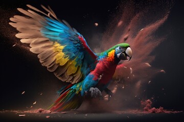Flying multicolored Macaw parrot over colorful powder explosion on black background. Generative Ai