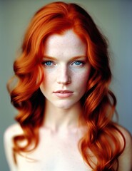 Fototapeta premium Portrait of a beautiful young redhaired woman with a serious look, looking at the camera. Concept of redhead beauty, redheaded, red hair. Ai generative