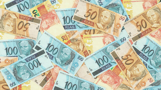 Money scattered. 100, 50 and 20 reais. Money from Brazil. 3d rendering.