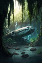 A Crashed Airplane In The Jungle. Storytelling Generative AI Illustration