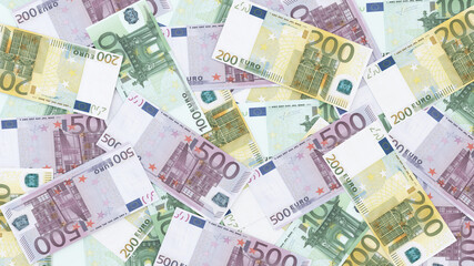 Obraz na płótnie Canvas Money scattered. 100, 200 and 500 euros. 3d rendering.