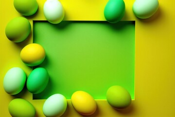 A yellow frame with green and yellow easter eggs surrounding a green center with empty space, generative ai