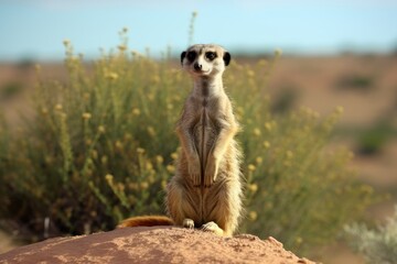 Meerkat watches the danger from a high ledge. A little mammal in a family makes a funny expression. Meerkat scans to the right and left. There is a social hierarchy. Calcareous terrain. Generative AI