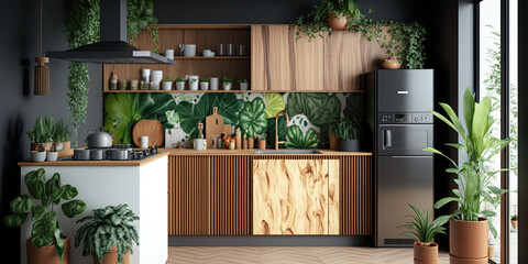  Modern kitchen interior made of natural wooden materials ,generative artificial intelligence