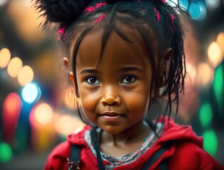 Elegant and sweet portrait of a beautiful little 5 year old African American girl. Bokeh background. Generative AI