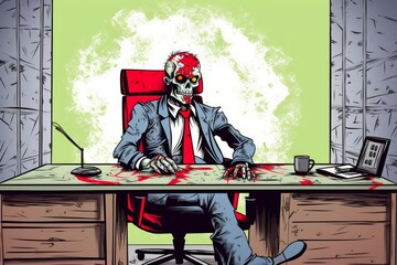 Old Zombie Boss in Modern Office: Comic Style Illustration, Generative AI