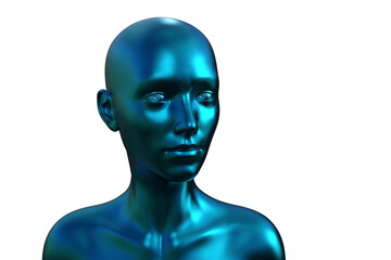 3d illustration. Portrait of a blue bald woman on a white background. 