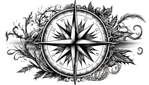 Tattoo of compass with intricate details in black hand drawn style isolated on white generative ai
