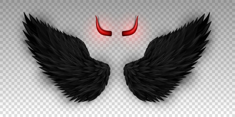 Devil horns and black wings isolated on transparent background. Monster, dark angel outfit. Masquerade, carnival costume. Daemon's red glossy horns and realistic wings. Three dimensional vector EPS 10