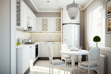 Fototapeta na wymiar Modern new light interior of kitchen with white furniture,generative artificial intelligence