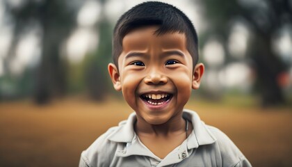 Portrait of a beautiful 5 year old Asian boy smiling. Close up. Copy space text. Banner. generative ai