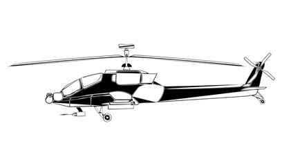 Military helicopter abstract. Boeing AH-64 Apache. Doodle side view. Vector illustration isolated on white background.