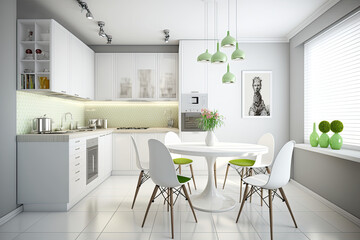 Fototapeta na wymiar Modern new light interior of kitchen with white furniture,generative artificial intelligence