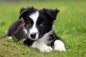 Fototapeta premium Border Collie! A four week old dog lay down on the grass. Generative AI