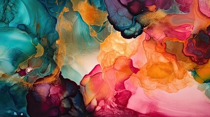 Luxury alcohol ink presentation, abstract background with liquid texture. Spontaneous interpenetration of colors. Watercolor illustration, wallpaper. Generative AI. 