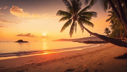 Fototapeta na wymiar Tropical beach sea and ocean with coconut palm tree in beautiful sunrise time generative ai