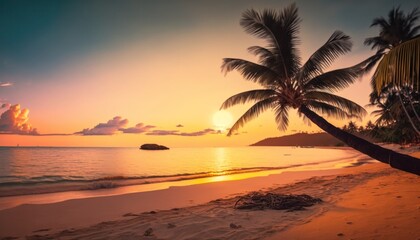 Plakat Tropical beach sea and ocean with coconut palm tree in beautiful sunrise time generative ai