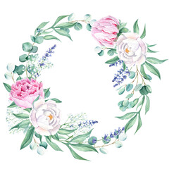 Watercolor peonies, eucalyptus, lavender and gypsophila branches wreath, round frame isolated on white background. Hand drawn botanical illustration. For wedding invitations, save the date, greeting
