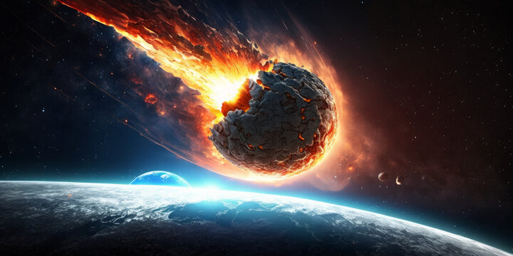 Fired Asteroid Colliding With Planet Earth in a Meteor Impact on Earth image. Elements of this image by NASA. - Generative AI