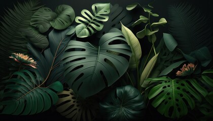 Fototapeta na wymiar Tropical leaves background in deep dark colors with jungle leaves and plants generative ai