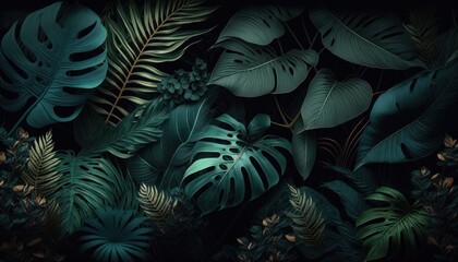 Naklejka na ściany i meble Tropical leaves background in deep dark colors with jungle leaves and plants generative ai