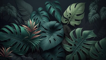 Tropical leaves background in deep dark colors with jungle leaves and plants generative ai