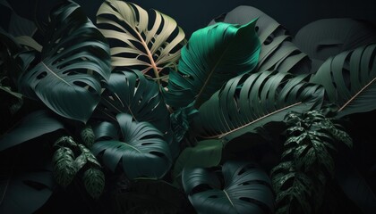 Tropical leaves background in deep dark colors with jungle leaves and plants generative ai